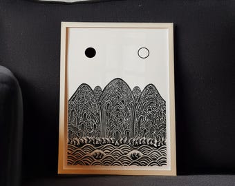 Irworobongdo Print, Korean Minimalist Sun Moon Art, Black White Poster