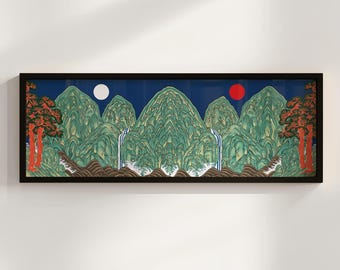Irworobongdo Panoramic Art Print, Korean Sun Moon Mountains Landscape Poster, Cobalt Blue Wall Decor
