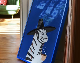 Minimalist Tiger Coffee Art, Blue Korean Style Morning Ritual Poster (Digital Download)