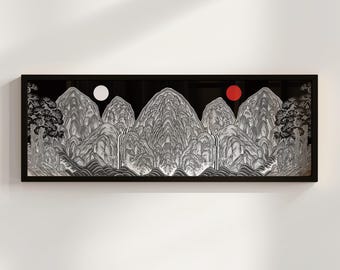 Irworobongdo Panoramic Black Art Print, Monochrome Korean Sun Moon Mountains Poster, Minimalist Wall Decor