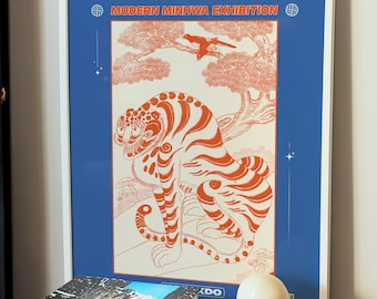 Modern Minhwa Tiger Print, Retro Korean Folk Poster, Hojakdo Magpie Design (Digital Download)