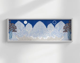 Irworobongdo Panoramic Art Print, Blue Korean Landscape Poster, Mystical Mountain Wall Decor