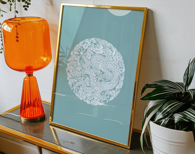 Korean Dragon Robe Art – Celadon Blue Digital Download | Joseon Dynasty Royal Dragon Pattern Wall Art | Asian Mythical Creature Illustration