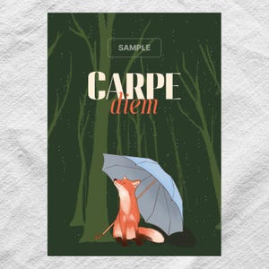 Carpe Diem Fuchs Poster - Achtsamer Wald, Regnerischer Tag, iPad Hintergrundbild, druckbare Wandkunst, digitaler Download