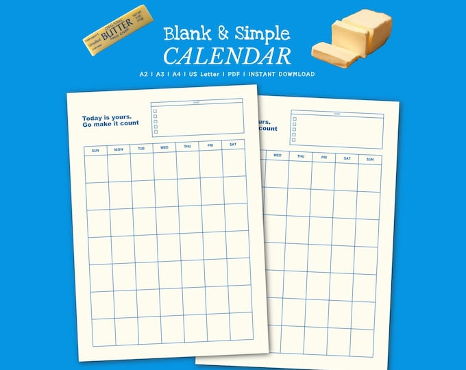 Butter Yellow / Simple & Blank Calendar /  Minimalist / Desk Calendar / Printable ISO  US Letter