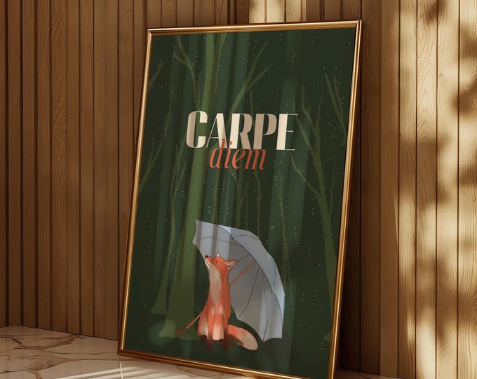 Carpe Diem Fox Poster – Mindful Forest Art, Rainy Day Illustration, iPad wallpaper, Printable Wall Art, Digital Download