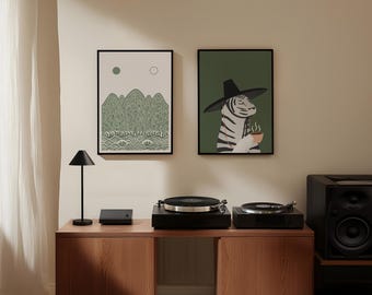 Sage Green Tiger & Irworobongdo Art Prints, Korean Minimalist Wall Decor Set (2 Piece)
