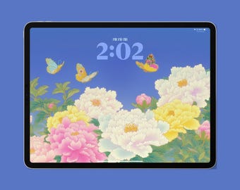 Korean Minhwa inspired Dreamy Peony, Butterfly iPad Wallpaper – Prosperity & Peace (Instant Download)
