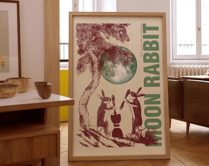 Moon Rabbit Poster | Korean Folk Art Wall Decor | Modern Vintage Printable | High quality JPG & PDF Digital File