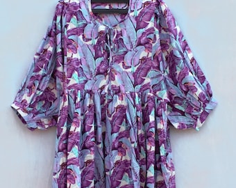 Cotton Floral Block Printed Deep Neck With String Closer Women Dress