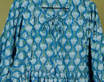 Vestido midi de algodón con estampado de bloques hecho a mano