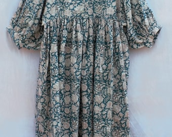 Green Floral Block Print Cotton Midi Dress: Bohemian Summer Style