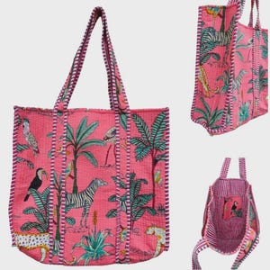 Sac fourre-tout indien rose imprimé jungle sac à bandoulière en coton matelassé pour femme sac à provisions fait main bohème réversible sac de voyage grand sac à main Kantha
