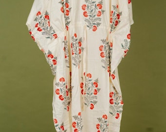 Hand Block Print Cotton Kaftan Dress: Indian Maxi Cover-Up