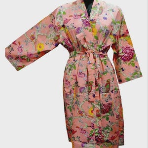 Floral Kimono Dress, Bird Print Kimono Dress, Vibrant Summer Kimono, Peach Pink Kimono Robe, Colorful Kimono Dress, Gift for Her