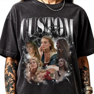 May include: Black t-shirt with a custom design featuring the word "CUSTOM" above the text "Your Text". The design includes multiple images of a woman surrounded by lightning bolts and sparkles.