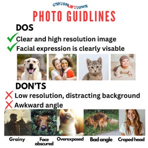 May include: A graphic with the text "PHOTO GUIDELINES" and "DOS" and "DON'TS". The "DOS" section shows examples of clear images, while the "DON'TS" section shows examples of poor-quality images.