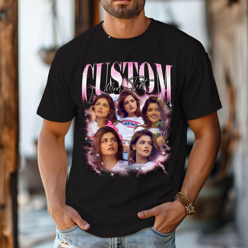 May include: Black t-shirt with a custom design featuring the word "CUSTOM" in pink script above a collage of six images of a person. The words "Your Text" are below the word "CUSTOM".