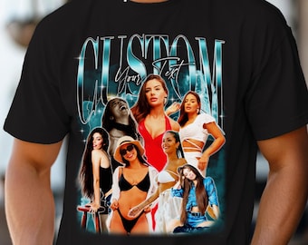 Custom Bootleg Bikini Shirt – Personalized Photo Collage Tee, Y2K Aesthetic Lightning Design, Summer Gift for Girlfriend or Friend