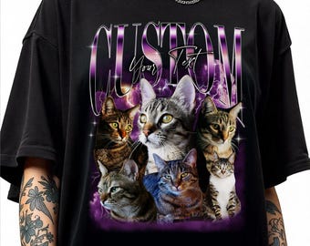 May include: Black t-shirt featuring a graphic of six cats with various markings. The word "CUSTOM" is arched across the top in a purple and white font, with "Your Text" below. Lightning bolts and stars are in the background.