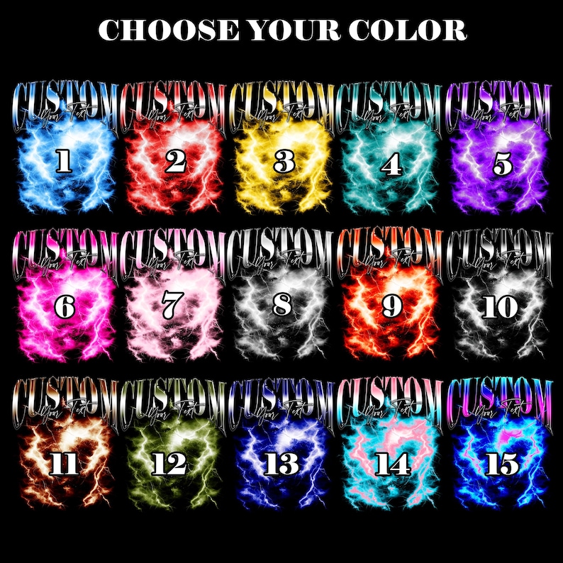 May include: A black background displays 15 colorful lightning bolt designs, each with a unique number. The text "CHOOSE YOUR COLOR" is at the top. The word "CUSTOM" is written in a stylized font over each lightning bolt.