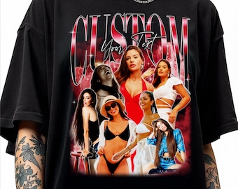 May include: Black oversized t-shirt featuring a graphic with the word "CUSTOM" in a red and white retro font. The graphic includes a collage of women in various outfits. The words "Your Text" are also visible.