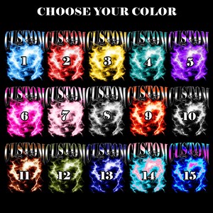 May include: A black background displays 15 colorful lightning bolt designs, each with a unique number. The text "CHOOSE YOUR COLOR" is at the top. The word "CUSTOM" is written in a stylized font over each lightning bolt.