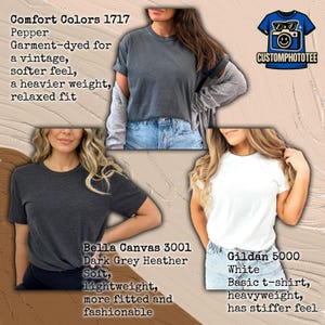 May include: Three t-shirts in different styles and colors are displayed. The top shirt is a Comfort Colors 1717 in Pepper, the middle shirt is a Bella Canvas 3001 in Dark Grey Heather, and the bottom shirt is a Gildan 5000 in White. The shirts are shown on models.