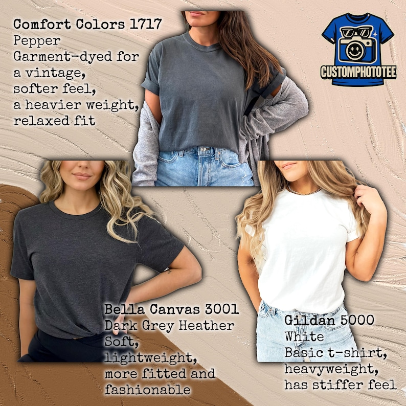 May include: Three t-shirts in different styles and colors are displayed. The top shirt is a Comfort Colors 1717 in Pepper, the middle shirt is a Bella Canvas 3001 in Dark Grey Heather, and the bottom shirt is a Gildan 5000 in White. The shirts are shown on models.