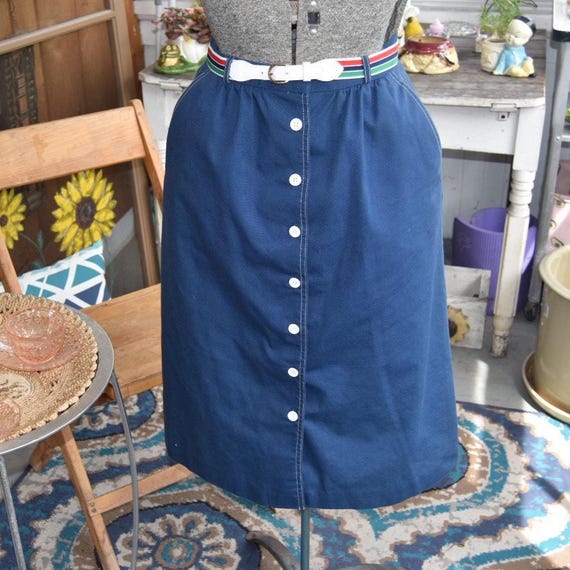 70s Striped Midi Skirt: Country Suburbans Button Front With Belt