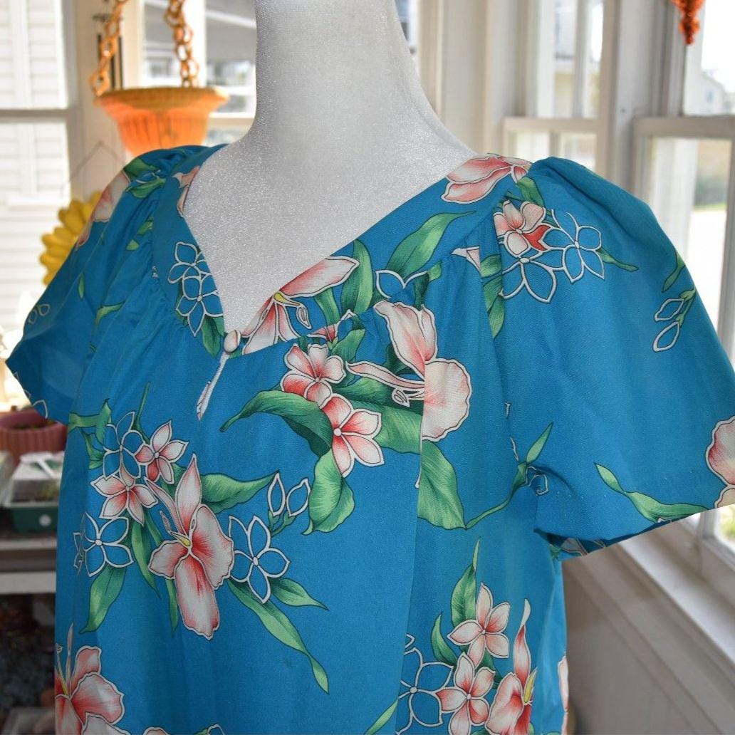 Vintage Hilo Hattie Hawaii II Muumuu Dress M Blue Floral Hawaiian Maxi ...