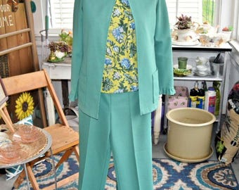 Vintage 70s Leisure Suit "Lady Blair" Disco Set Ruffled Green 2 PC Size Small