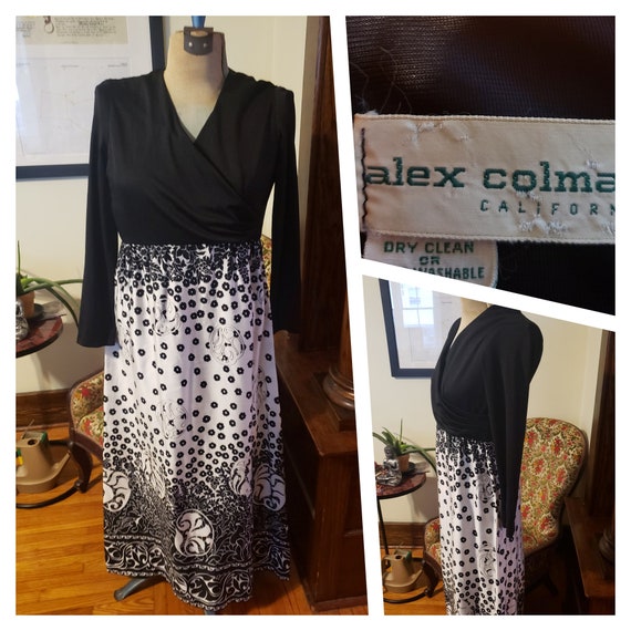 Vintage 70's Alex Coleman Dress Black White Long S