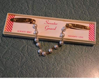 Vintage Sweater Guard Faux Pearl Gold Tone Cardigan Clip NOS In Box 1950s