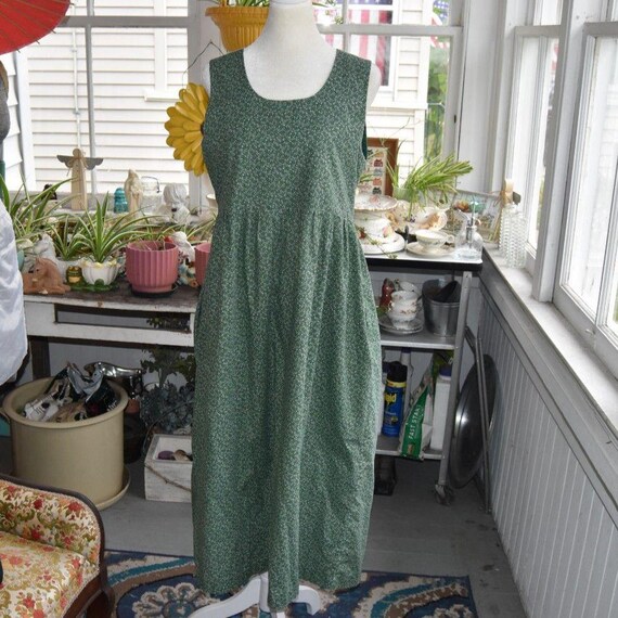 Vintage 90s Green Calico Floral Prairie Pinafore Dres…