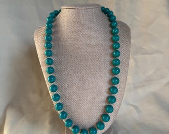 Vintage 1950s Deep Teal Opaque Lucite Bead Necklace 24” Thermosealed Gold Clasp Mid-Century Glam