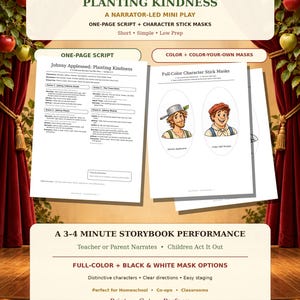 Könnte beinhalten: Ein Johnny Appleseed Planting Kindness Mini-Theaterstück-Set mit einem einseitigen Skript und Charakter-Stabmasken. Das Set enthält vollfarbige und schwarz-weiße Maskenoptionen für eine 3-4-minütige Aufführung, konzipiert zum Ausdrucken, Ausschneiden und Aufführen.