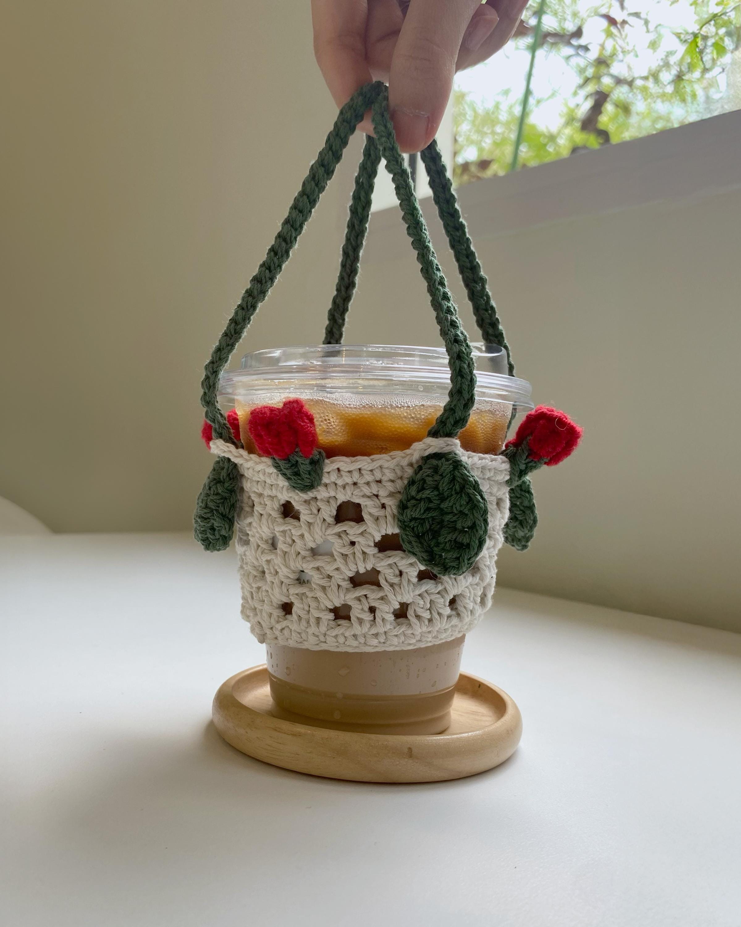 Handmade Drink Holder – Rose Garden Collection | Handmade Portable Drink Sleeve for Iced Coffee 14-16oz