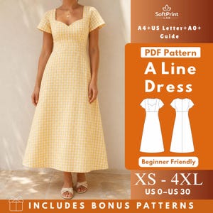 Könnte beinhalten: Ein gelb-weiß kariertes A-Linien-Kleid mit kurzen Ärmeln und herzförmigem Ausschnitt. Das Bild enthält den Text: SoftPrint LAB, A4+US Letter+A0+ Guide, PDF Pattern, A Line Dress, Beginner Friendly, XS-4XL, US 0-US 30, INCLUDES BONUS PATTERNS.