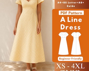 Cartamodello PDF per abito da tè Sweetheart, abito a vita impero con cuciture a principessa e maniche svasate, taglie XS-4XL.