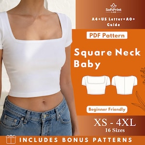 May include: A white, square-neck crop top is featured in this image. The top is paired with blue jeans. The image also includes a PDF pattern guide for the top, with the text "Square Neck Baby" and "XS - 4XL, 16 Sizes".