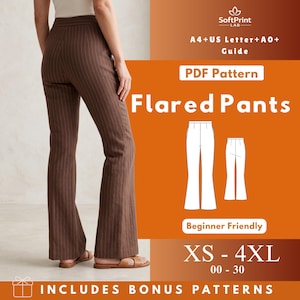 Puede incluir: Pantalones acampanados a rayas marrones. La imagen incluye un patrón PDF para pantalones acampanados, con opciones de talla de XS a 4XL. El texto de la imagen dice "Beginner Friendly" y "Includes Bonus Patterns".