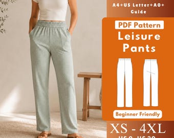 Leisure Pants Sewing Pattern PDF, Straight Leg Pants Pattern, Elastic Waist Lounge Pants, In-Seam Pocket Pants, XS-4XL