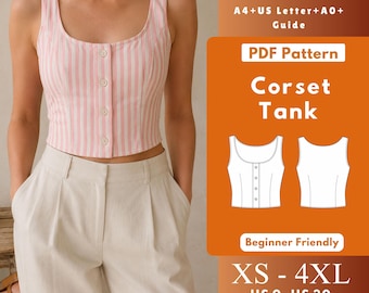 Button Front Corset Tank Sewing Pattern PDF, Women’s Sleeveless Scoop Neck Crop Top XS-4XL US 0-30