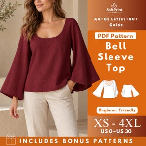May include: A deep red long-sleeve top with a wide scoop neckline and flared bell sleeves. The image includes text: SoftPrint LAB, A4+US Letter+A0+ Guide, PDF Pattern Bell Sleeve Top, Beginner Friendly, XS - 4XL, US 0-US 30, INCLUDES BONUS PATTERNS.