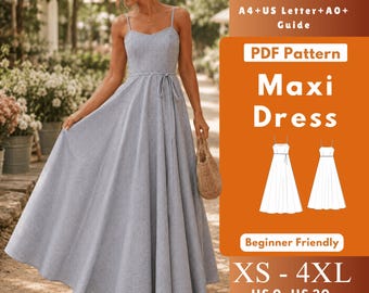 Full Circle Dress Sewing Pattern PDF, Strappy Summer Maxi Dress, Natural Waist Sundress Pattern, Women US 10 Digital Download