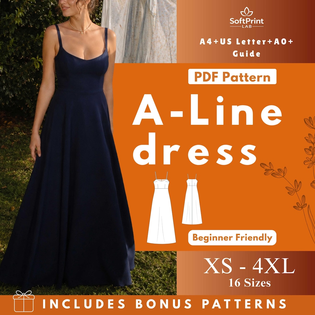 A-line Maxi Dress Sewing Pattern, Deep Neckline, Side Zipper (digital ...
