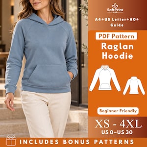 Puede incluir: Una sudadera con capucha raglán azul con bolsillo tipo canguro, combinada con pantalones beige. La imagen incluye el texto: SoftPrint LAB, A4+US Letter+A0+ Guide, PDF Pattern Raglan Hoodie, Beginner Friendly, XS - 4XL, US 0-US 30, INCLUDES BONUS PATTERNS.