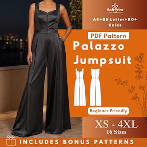 Könnte beinhalten: Schwarzer Palazzo-Jumpsuit mit quadratischem Ausschnitt, Reißverschluss vorne und weiten Beinen. Das Bild enthält ein PDF-Muster mit dem Text "Palazzo Jumpsuit", Größen XS-4XL und "Beginner Friendly".
