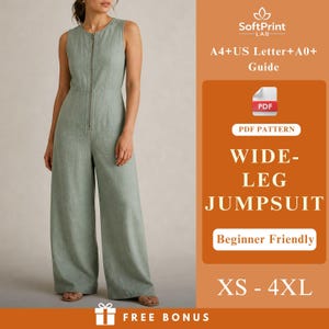 Ärmlös jumpsuit sömnadsmönster PDF, jumpsuit med vida ben, jumpsuit med dragkedja fram, minimalistisk linnemodell, nybörjarvänlig, direkt nedladdning